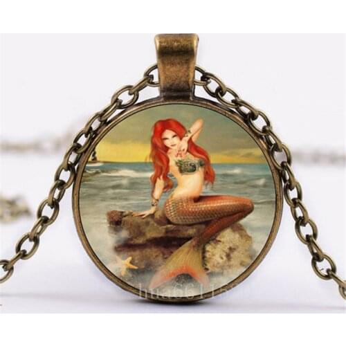 Mermaid Vintage Photo Cabochon Glass Chain Necklace,Charm Creative Women Pendants Fashion Jewelry Friend Gifts