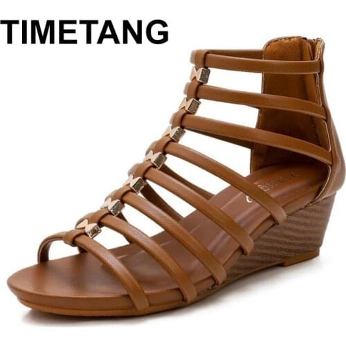 TIMETANG Gladiator Sandals Women Wedges Heels Soft Leather Zipper Design Ladies Fashion Shoes Female Large Plus Size 36-42
