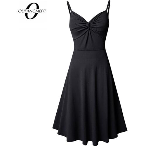 Women Summer Sexy Pure Color Low Cut Adjustable Spaghetti Strap Swing Flowy Sundress with Pockets EA268