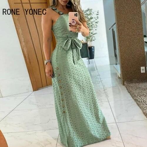 Women Elegant Dress Thick Strap Hollow Out Maxi Dress With Belt Casual Summer Dress