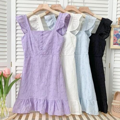 Summer new temperament wild embroidery hollow ruffled sling high waist dress short female