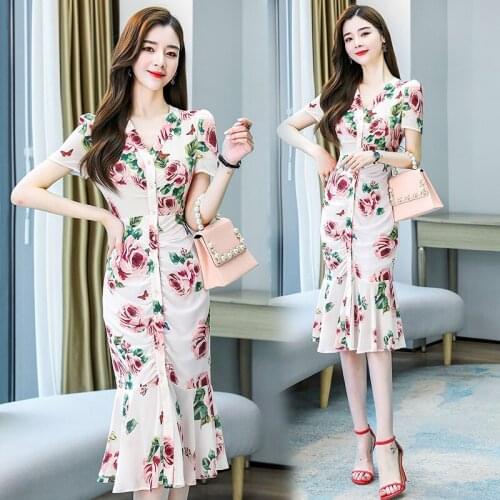 2021 New Women Summer Floral Mermaid Dress Short Sleeve V-neck Lady Flowers Chiffon Dresses