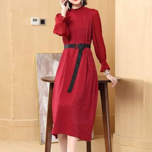 Womens spring new dress solid red large medium length skirt waist down slim Pullover dress