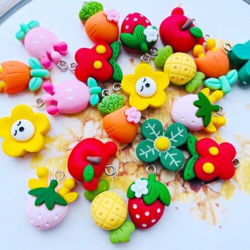 10 New Kawaii Cartoon Mixed Color Flowers, Fruit Resin Flat Pendant Necklace DIY Decoration Accessories Embellishment 094