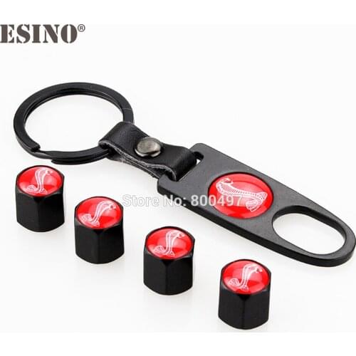 4 x Car Stainless Steel Zinc Alloy Wheel Tire Valve Stems Caps Universal With Mini Wrench Key Chain for Mustang Shelby Red