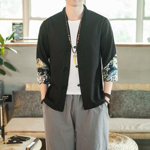 #4218 Summer Cotton Linen Shirt For Men Plus Size White Black Kimono Shirt Men Vintage Chinese Style Three Quarter Sleeve