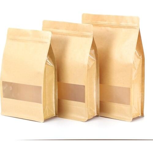 500Pcs/Lot Reusable Kraft Paper Pouches with Window Ziplock Bulk Food Stand Up Bag Gift Packaging Bag for Dry Goods Wholesale