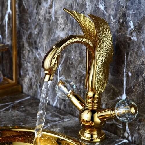 Free ship Gold finish PVD bathroom basin sink swan mixer faucet crystal double handles deck mounted