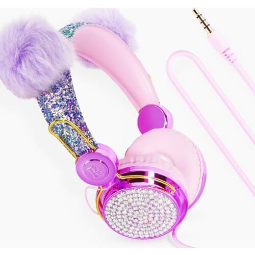 Bling Girl Kid Bluetooth Wireless Headphone With Microphone Luxury Glitter Cute Hairball Music Helmet Wired Phone Headset Gift