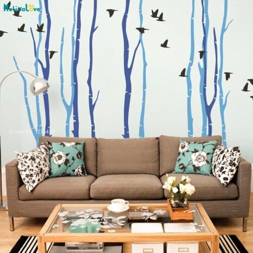 Flock of Birds Large Wall Decals Winter Scene Tall Birch Trees Peel and Stick Viny Forest Nature Babys Room DIY Decor YT3619