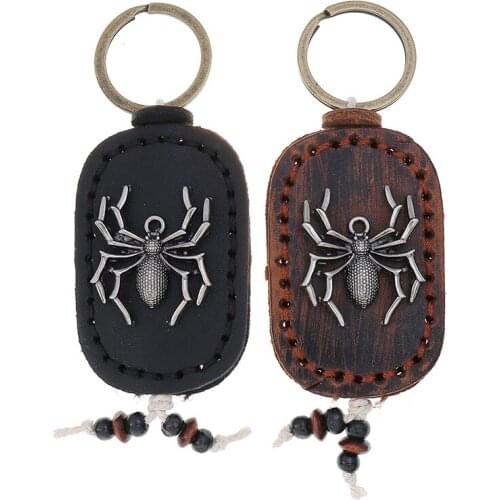 Genuine Leather Handmade Car Key Holder Unisex Keys Men Alloy Spider Vintage Key Ring Women Keychain Covers Housekeeper