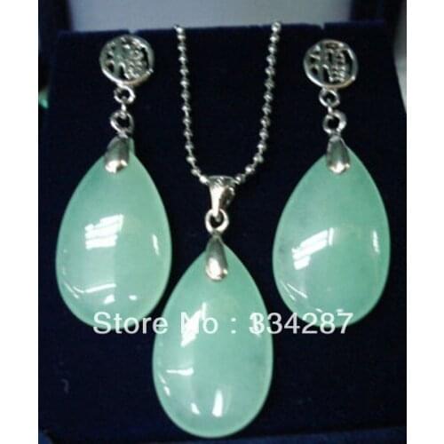 Wonderful Jewelry Silver light green Jades pendant necklace earring set