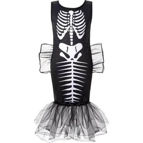 2021 Kids Girls Halloween Cosplay Dresses Costume Outfit Sleeveless Skeleton Print Mesh Ruffle Hem Mermaid Tail Long Dress