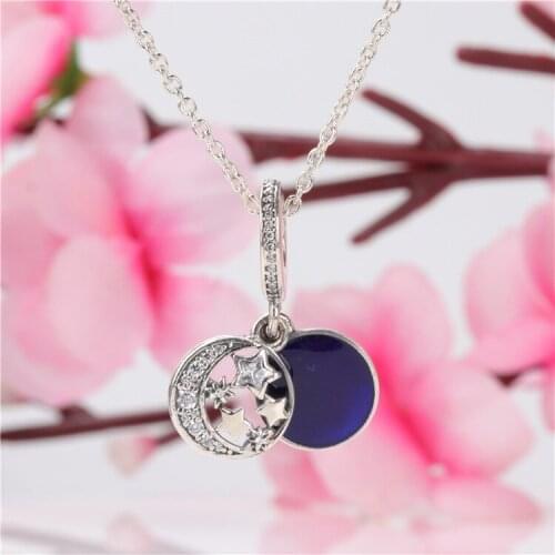 DoDoFly 925 Silver Vintage Night Sky Blue Stars Moon Charm Fit Original Bracelet Necklace
