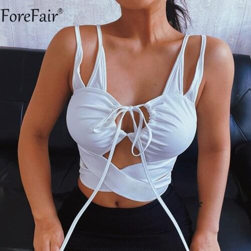 Forefair 2021 Summer Bandage White Sexy Y2k Crop Top Hollow Out Spaghetti Strap Backless Sleeveless Black Women Tank Tops Casual