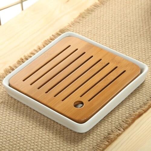 [GRANDNESS] 1 X Square Bamboo Flat Tea Table with White Ceramic Holder Serving Tray 21*21cm Ceramic Bamboo Tea Tray