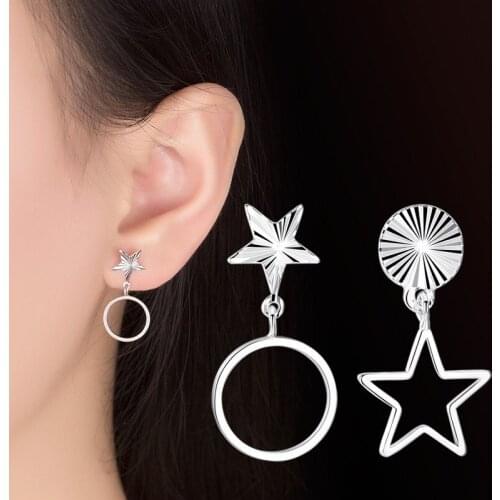 Personality 925 Sterling Silver Earrings For Women Geometrical Star Round Hollow Asymmetric Stud Earrings