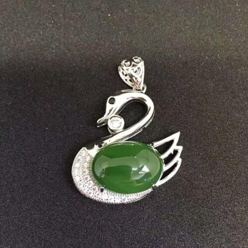 Fine Jewelry Natural Hetian Jasper Carved Swan Shape 925 Silver Inlay Pendant Lucky Blessing Necklace for Women Jade