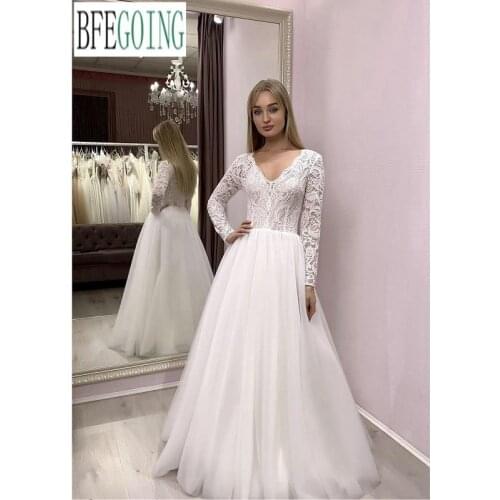 Ivory Lace Tulle Long Sleeves V-Neck Floor-Length Princess A-Line Wedding Gowns Bridal Dresses Custom Made