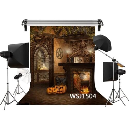 LB Polyester & Vinyl Halloween Black Cat Pumpkin Lantern Fireplace Studio Backgrounds For Photo Studio Photography Backdrops