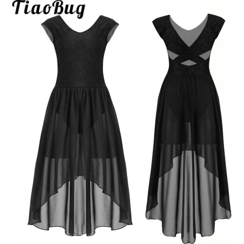 Lyrical Women Ballet High Low Dance Dress Sleeveless Leotard Flowy Chiffon Dress Dancing Costume