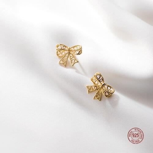 LKO 925 Sterling Silver Hollow Out Heart Bow Bowknot Stud Earrings Small Earrings for Women Bohemia Charm Jewelry Ornaments