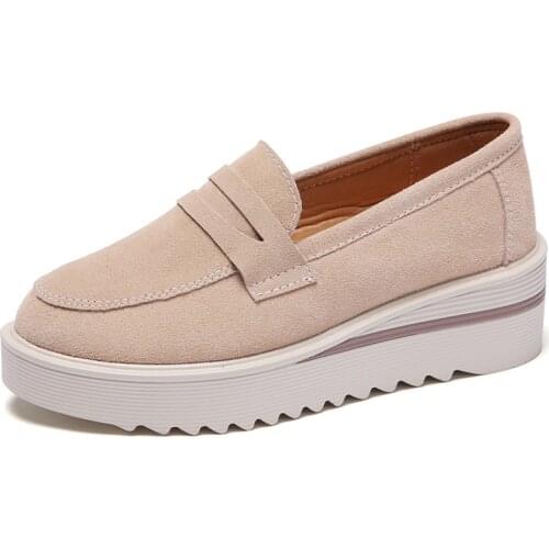 Genuine Leather Women Shoes Thick-soled Moccasin Shoes Webbing Wedges Mother Shoes Breathable Casual Shoes Student Shoes