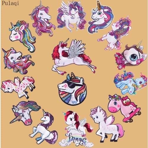 Pulaqi Iron On Cartoon Unicorn Patches For Clothing Sew On Sequin Embroidered patch Cute Sticker On Cloth Applique Fabric Patch