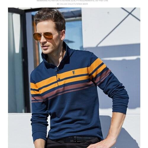European and American Style Spring and Autumn New Mens Business Striped T-shirt Young and Middle-aged Mens Lapel Polo Shirt
