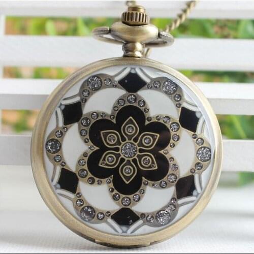 New Fashion quartz Drops of glue flowers Flip clock pendant steampunk Necklace pocket watches gift