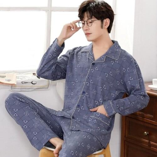 Cotton mens pajamas set oversize lapel kimono hombre new long-sleeved cardigan casual home service two-piece suit sleepwear