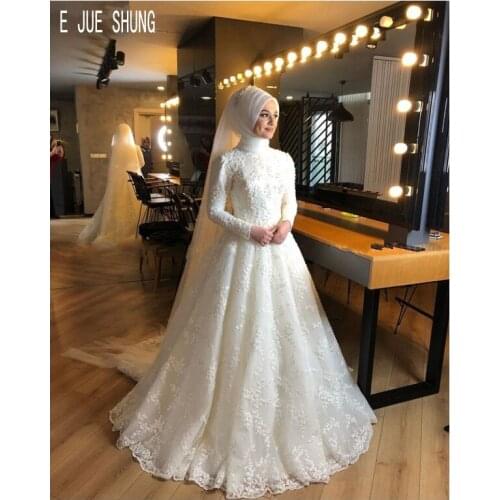 E JUE SHUNG Modest Muslim Wedding Dresses High Neck Long Sleeves Appliques Zipper Back Arabic Wedding Gowns Robe De Mariage