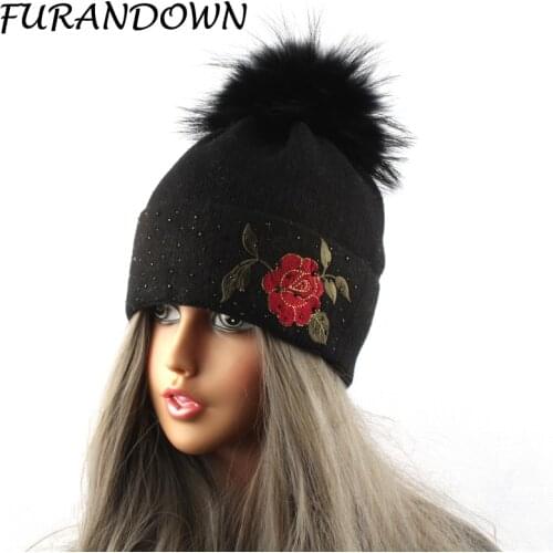 Flower Embroidery Rhinestone Wool Hat Women Winter Cap Mink Fur Hat Pompom Beanies For Ladies