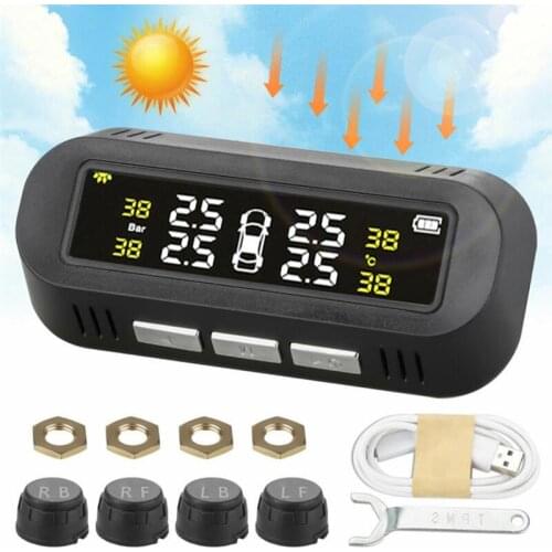 Solar Power TPMS Car Tire Pressure Monitoring System LCD Digital Display Tyre Pressure Alarm Systems Auto Security 4 Sensors