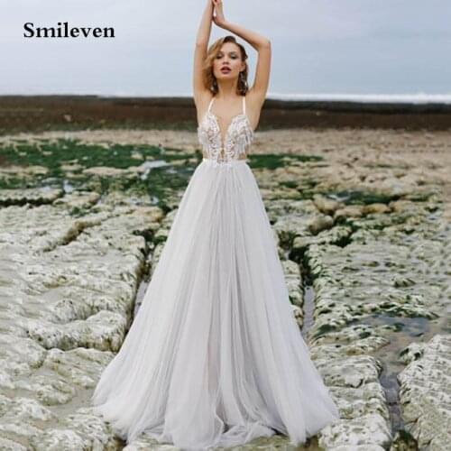 Smileven Beach Wedding Dress Spaghetti Straps Bohemian vestido de noiva Backless Lace Bridal Dress