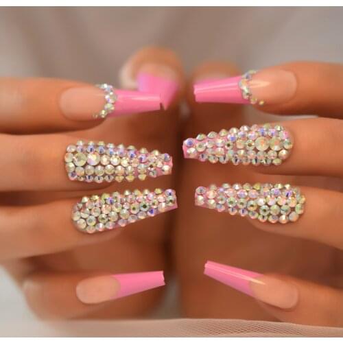 Rhinestones Nail Press Ons Extra Long Coffin 3d Designed Fake Nails Jewel Luxury Rosy Nude Royalty False Nail Tips