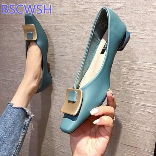 Womens Shoes 2021 Single Shoes Female New Square Button Shallow Mother Thick Med-heeled Office Dress Shoes Woman Blue