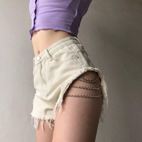 TVVOVVIN 2021 Summer New Boho Sexy Chain Metal High Waist Denim Shorts Feminino Korean Women Hot Girl Female Strapon Y8DY