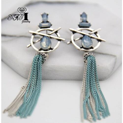 YaYi Jewelry Fashion BOHO Blue Glass Crystal Rhinestone Dangle Women Ancient Gold Color Wear Ear Band Long Tassel Earrings