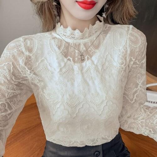 High Neck Lace Bottomed Blouse 2021 Womens New Style Long Sleeve Hollow Out Blouse for Women Tops Ladies Blusas Female 1223
