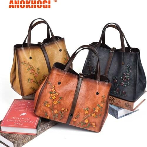 ANOKHOGI Colorful Genuine Leather Vintage Embossed Female Shoulder Bag Large Capacity Diagonal Handbag zx161