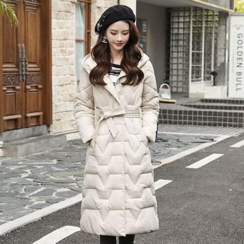 Womens Winter Down Jacket Solid Hooded Long Coats Female Stand Collar Slim With Sashes Plus Size Casual Thick Outerwear