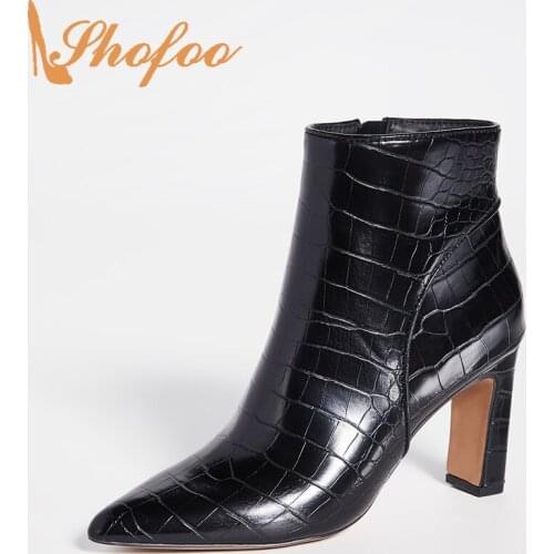 Black Croc Embossed Booties High Block Heels Pointed Toe Woman Zipper Large Size 10 15 Ladies Fashion Shoes Ankle Boots Shofoo