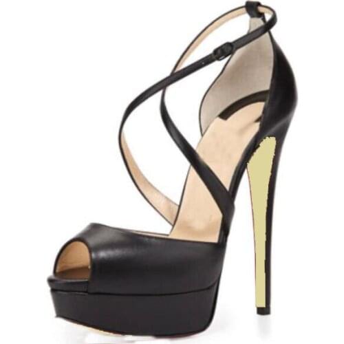 Moraima Snc Black Matte Leather High Heel Shoes Women Peep Toe Platform Pumps Sexy Cross-tied Party Dress Shoes