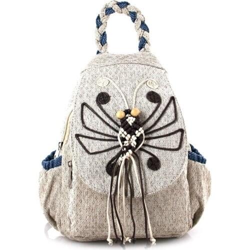National Embroidery Women Travel Backpack Linen Female Backpack Girls Travel Backpack