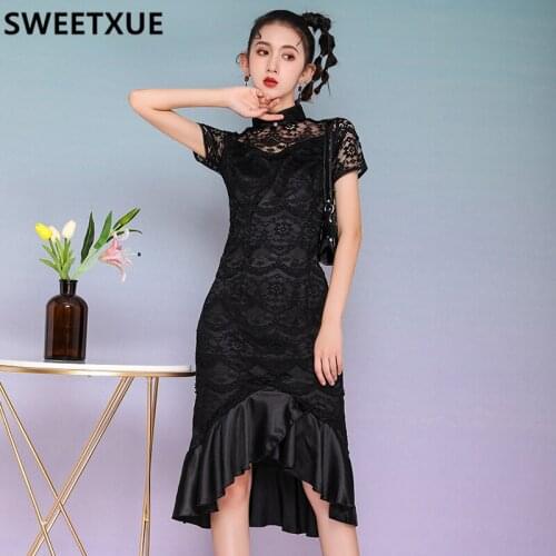 SWEETXUE Female Cheongsam Summer Sexy Modern Girl Chinese Style Long Lace Stitching Hollow Ruffled Young Fishtail Dress