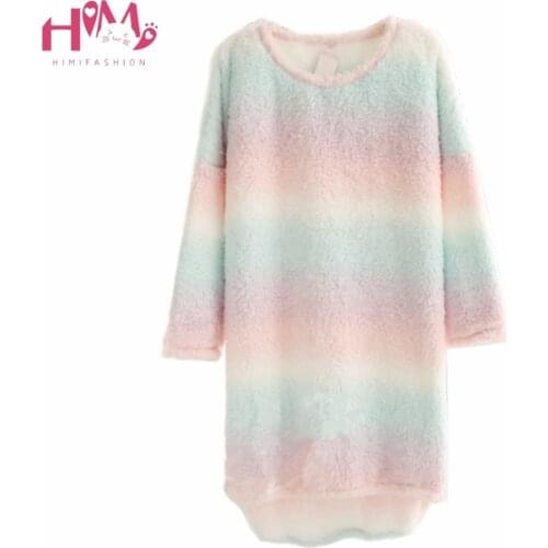 Autumn Winter Women Kawaii Fluffy Rainbow Night Gown Mini Dress Japanese Style Long Sleeve Ice-cream Fleece Home Wear Nightdress
