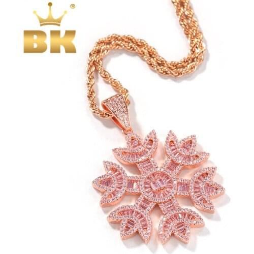THE BLING KING Fashion Women Baguette Pink Snowflake Shape Pendant Necklace Rose Gold Iced Bling Bling Cubic Zirconia Jewelry