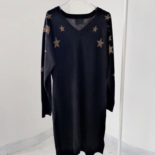 Star Jacquard Ladies Wool V-neck Long Sleeve Casual Loose Women Long Knit Dress