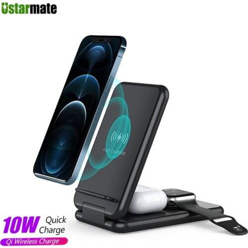 3in1 Fold Wireless Charger Stand Holder 10W Qi Fast Charging Holder for Xiaomi 10T iWatch 6 5 Airpods Pro iPhone12 ProMax Huawei